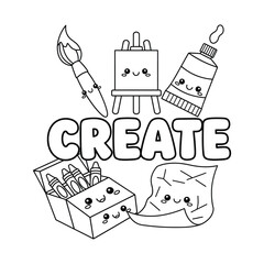 Outline image of cute painting and drawing supplies with the word CREATE