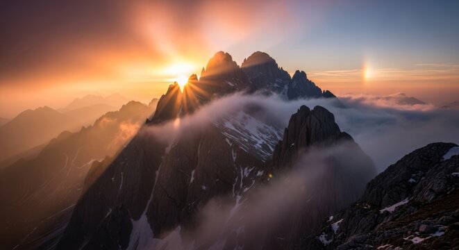 Dramatic mountain peaks at sunrise with clouds and golden light