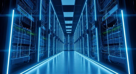 Futuristic data center hallway with blue neon lights and server racks