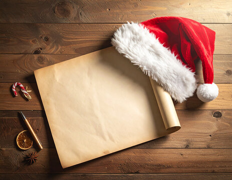 Plantilla para carta a Papa Noel y reyes Magos, con el gorro rojo de Santa Claus y papel pergamino con espacio para texto y dise&ntilde;o de navidad