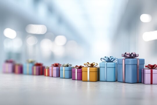 A line of elegantly wrapped New Year gift boxes, gradually fading into a soft blur, situated in a contemporary office setting, bright and airy lighting adds a joyful feel, with a clean gradient space