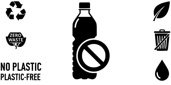 A silhouette of a Plastic Water Bottle with a large Circle-Slash (No/Ban) symbol over it, symbolizing the single-use plastic ban. Flat black vector.