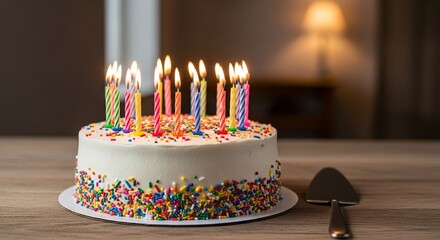 Birthday cake with lit candles and sprinkles on a wooden table
