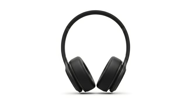 Black wireless headphones on white background for music and audio