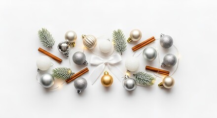 Fototapeta premium Elegant christmas decoration with silver and gold ornaments on white background