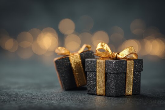Sleek black New Year gift boxes featuring shimmering gold ribbons, placed on a rich dark gradient backdrop with gentle bokeh, evoking sophistication and luxury