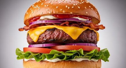 Towering cheeseburger with bacon lettuce tomato and red onion