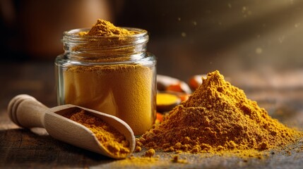 Glass jar contains bright turmeric powder, with a wooden scoop beside it and spice scattered on a rustic wooden surface, highlighting culinary elements and rich colors