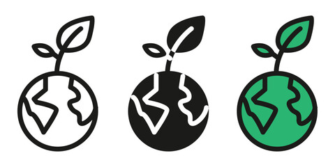 Growing planet concept for a sustainable future, earth day, and ecological balance featuring a sprout emerging from the world in different styles