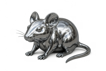 Silver colored mouse figurine on transparent background, symbolizing the zodiac year of the mouse and wealth concept