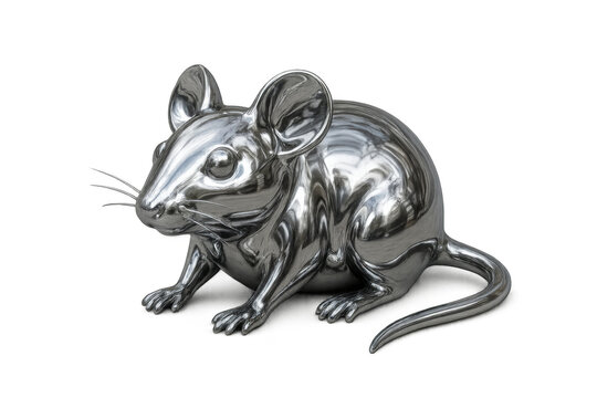Silver colored mouse figurine on transparent background, symbolizing the zodiac year of the mouse and wealth concept
