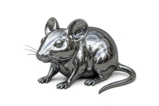 Silver colored mouse figurine on transparent background, symbolizing the zodiac year of the mouse and wealth concept