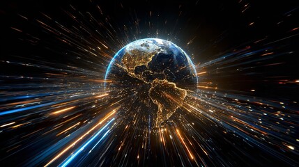 A vibrant globe is encircled by dynamic streaks of light