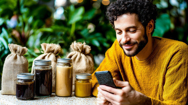 A man with curly hair and a beard smiles at his smartphone while sitting outdoors at a table with various jars and bags in a blurred green background.