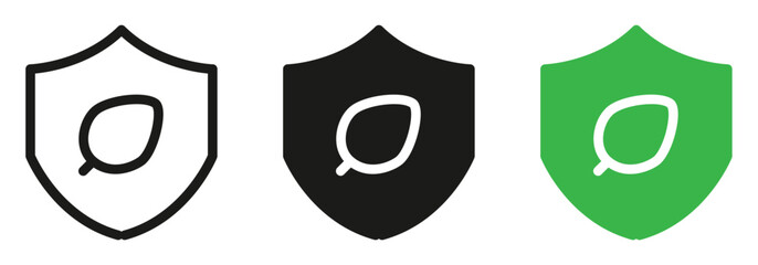 Eco-friendly shield logos for sustainable security branding, showcasing protection with a natural leaf symbol in black, white and green for environmental safety.