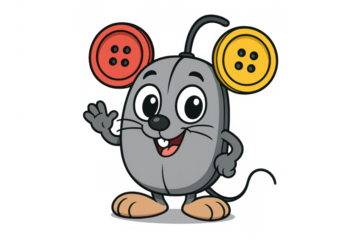 Grey comic computer mouse character with button ears, waving hand, and smiling face, isolated with transparent background
