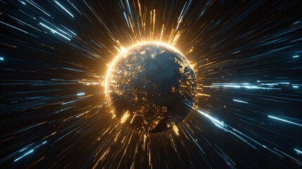A vibrant globe is encircled by dynamic streaks of light