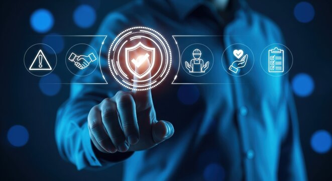 Man's Finger Taps Virtual Shield Icon Representing Data Security and Protection