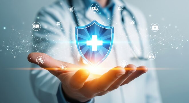 Medical professional holding a glowing digital shield representing health insurance and data protection.