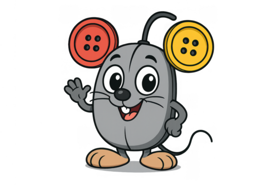 Grey comic computer mouse character with button ears, waving hand, and smiling face, isolated with transparent background