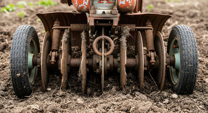 Rusty tiller with metal blades and wheels on tilled soil cultivator garden