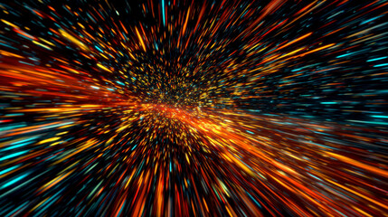 Hyperspace jump through a luminous tunnel, flying past stars at lightspeed with streaking motion, evoking abstract spaceship travel and sci-fi light-speed acceleration.