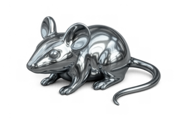 Chrome mouse figurine standing on a transparent background, representing technology, finance, and digital concepts
