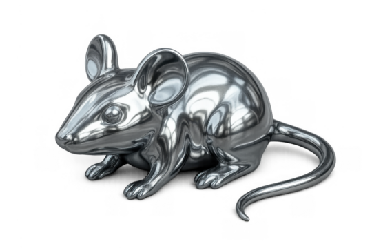 Chrome mouse figurine standing on a transparent background, representing technology, finance, and digital concepts