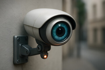 Robotic eye-shaped security camera in a modern surveillance setting
