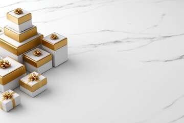Stylish gift boxes arranged on a marble surface, enhanced by golden decorations, with a minimalistic bright area on the left for an upscale ambiance