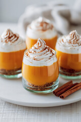 Fictional Pumpkin Pudding with pecans, coconut milk and whipped heavy cream in a clear glass on a white plate, textured tablecloth, cinnamon sticks. Concept of Thanksgiving desserts.