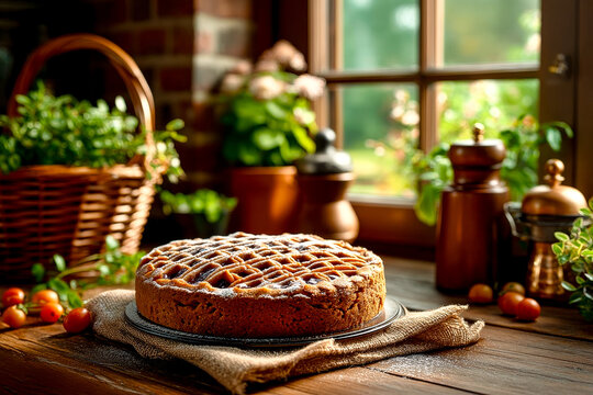 A homemade lattice crust pie with powdered sugar on a rustic wooden table in a kitchen by a window.