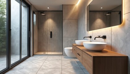 Modern bathroom features double vanity with vessel sinks and wooden cabinet. Glass shower enclosure, toilet and large sliding glass doors to patio. Contemporary design.