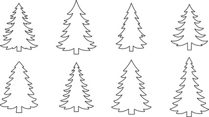Set of christmas trees in outline style on white