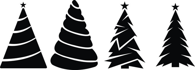 Four christmas tree silhouettes in black and white style