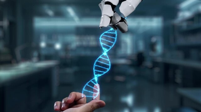 Robot and human reaching hand and pointing finger with DNA holographic floating. Close up of robotic hand and human working together while pointing finger at blurred laboratory background. Salubrious.