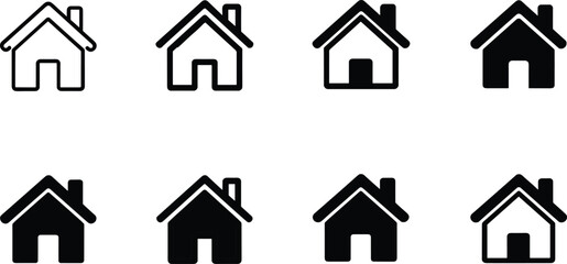 Vector Set of Home Icons in Various Outline and Solid Black Styles, Representing House, Property, Real Estate, Website Navigation, and Dwelling Symbols.