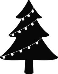 Simple black christmas tree silhouette with string lights