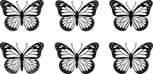 Vector Set of Six Detailed Monarch Butterfly Illustrations in Black and White, Showing Beautiful Wing Patterns for Nature, Spring, and Decorative Graphic Design.