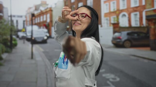 Hispanic woman doctor with glasses and stethoscope points at camera on urban street demonstrating medical confidence outdoors.