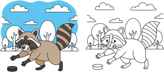 Raccoon coloring book page vector illustration for kids with colored example and outline sketch showing cute cartoon animal playing in forest nature background