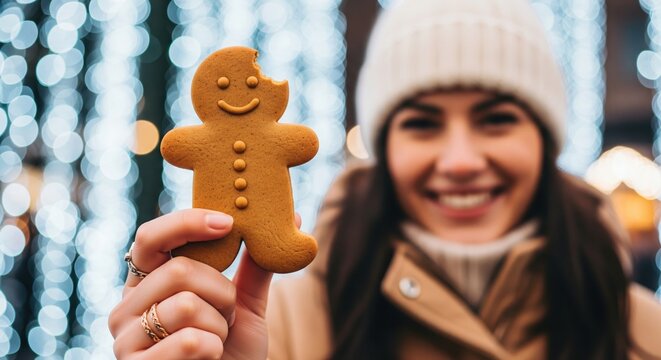 Woman holding a bitten gingerbread man cookie against a blurred background of bright winter bokeh lights.