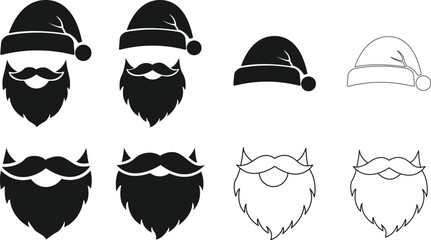 Santa claus hat and beard icon set in black and white