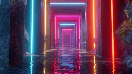 A vibrant illuminated corridor featuring colorful neon lights