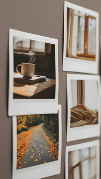 A wall of polaroids showing small joyful moments a walk a coffee a nap no people just vibe vertical relatable backdrop