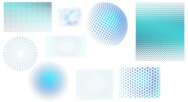 Abstract halftone patterns in shades of blue and teal create a modern and visually dynamic composition on transparent background