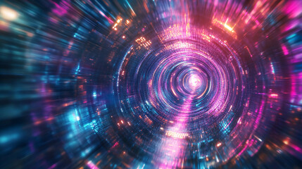 Obraz premium Hyperspace jump through a luminous tunnel, flying past stars at lightspeed with streaking motion, evoking abstract spaceship travel and sci-fi light-speed acceleration.