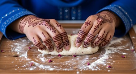 Woman seen from behind kneads dough for traditional Khubz bread at a communal village oven, showcasing cultural baking practices, rustic kitchen setting, and artisan craftsmanship.