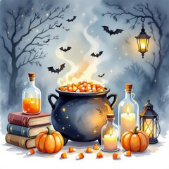 Halloween background with cauldron full of pumpkins, candles, books and bats