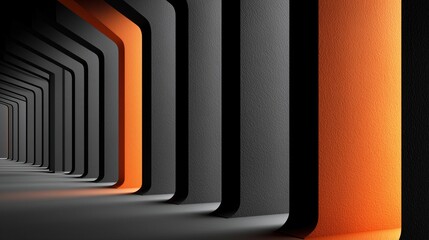 Futuristic dark corridor with repeating black pillars and glowing orange light accents.

